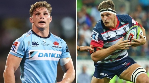 Waratahs captain Michael Hooper (left) and Rebels backrower Luke Jones are the top tacklers in Super Rugby. 