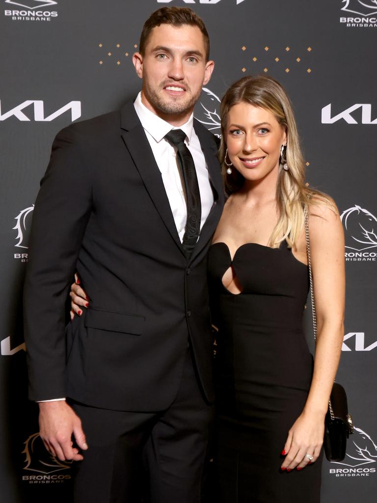 Corey Oats and wife Tegan Miles at Brisbane Broncos’ 2022 awards night. Picture: Steve Pohlner