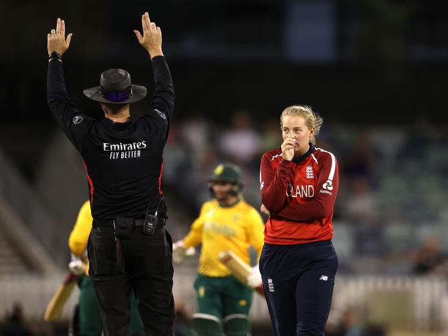 Sophie Ecclestone of England reacts after being hit over the rope. Picture: Ryan Pierse/Getty Images