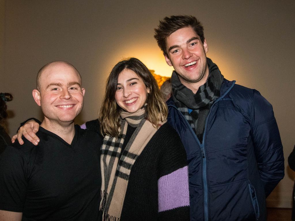 Opening of the TMAG Dark Mofo major exhibition Tense Past by Julie Gough. James Menzies, of North Hobart, left, Aurora Henrich, of Sandy Bay, and Mitchell Nissen, of South Hobart. Picture: Alastair Bett Photography