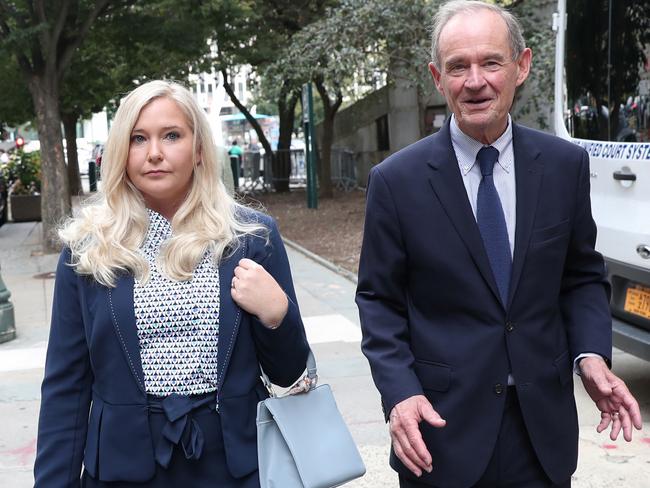 Lawyer David Boies arrives with his client Virginia Giuffre for hearing in the criminal case against Jeffrey Epstein. Picture: Reuters