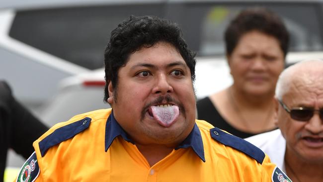 A Maori Rural Fire Service volunteer performs a Haka at the funeral. Picture: AAP Image/Mick Tsikas