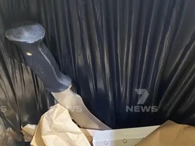 A knife is disovered in a bin at Bayside Shopping Centre. Picture: 7News