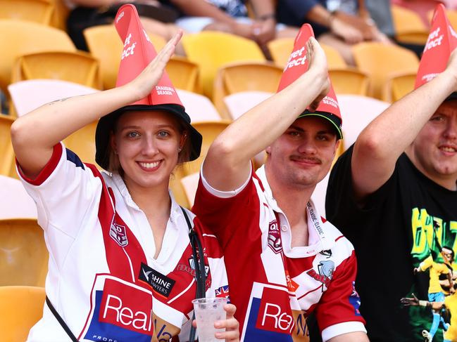 BRISBANE, AUSTRALIA - MARCH 05: Dolphins fans cheer ahead of the round one NRL match between the Dolphins and Sydney Roosters at Suncorp Stadium on March 05, 2023 in Brisbane, Australia. (Photo by Chris Hyde/Getty Images)