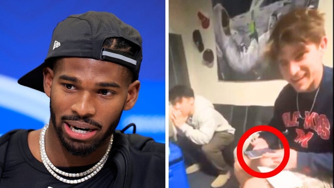 Jax Ulbrich (far right), the son of Falcons defensive co-ordinator and ex-Jets coach, Jeff Ulbrich, has apologised for prank calling Shedeur Sanders (left). Image: Getty/X