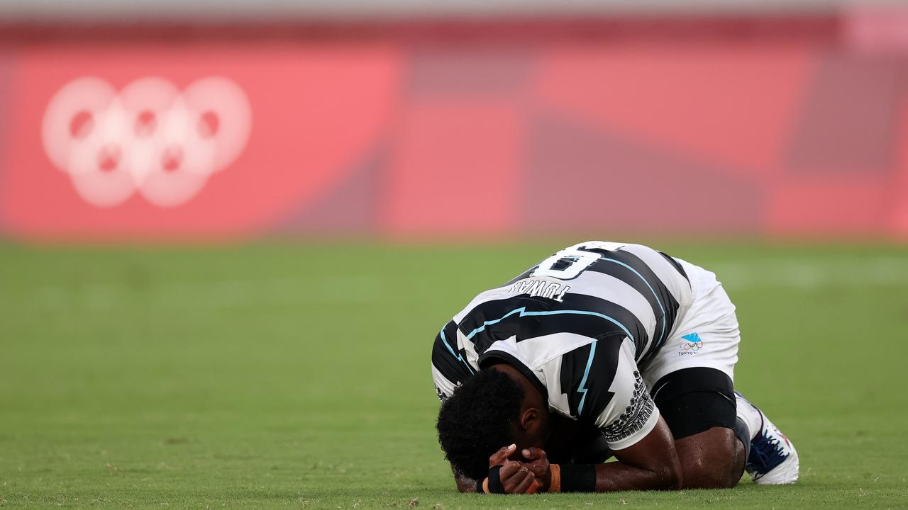 Jerry Tuwai of Team Fiji reacts on the final whistle following after beating New Zealand to defend their gold medal. Photo: Getty Images