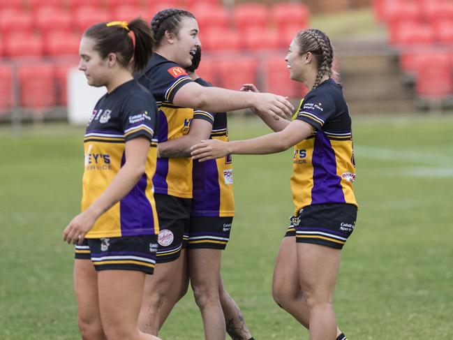 Gatton players Ashlea Nolan (left) and Natalia Webb celebrate a try against Oakey. Picture: Kevin Farmer.