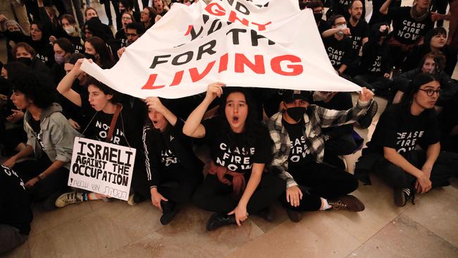 People demonstrate calling for a cease-fire amid war between Israel and Hamas, at Grand Central Station in New York City. Picture: AFP