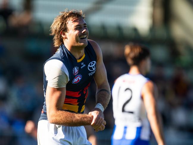 Luke Pedlar of Adelaide Crows is injured during the 2024 Round 7 match between the North Melbourne and the Adelaide Crows. Picture: Linda Higginson/AFL Photos via Getty Images.