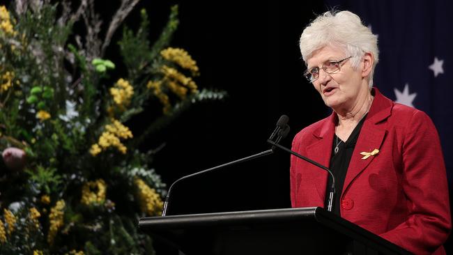 Black Saturday widow Dr Kathy Rowe speaks to the crowd. Picture: Ian Currie