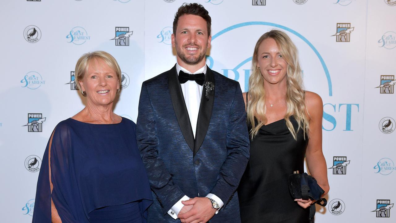 Travis Boak with his mother Chicki and sister Cassie in 2019. Picture: Mark Brake