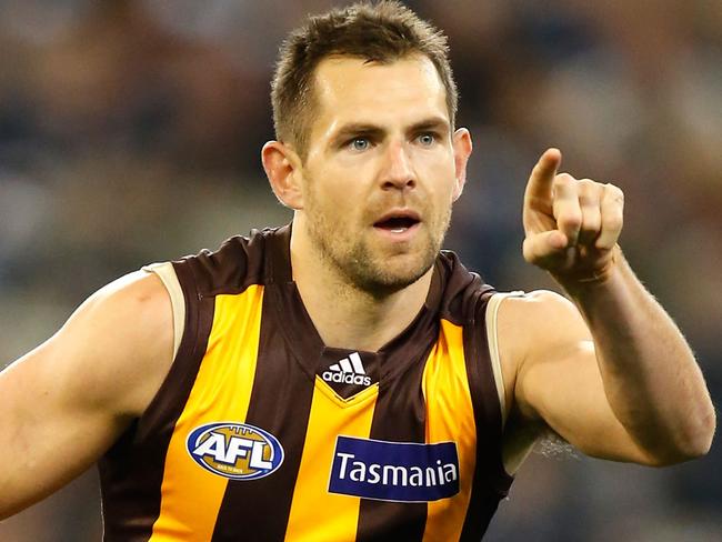 MELBOURNE, AUSTRALIA - AUGUST 15: Luke Hodge of the Hawks celebrates a goal during the 2015 AFL round 20 match between the Geelong Cats and the Hawthorn Hawks at the Melbourne Cricket Ground, on August 15, 2015 in Melbourne, Australia. (Photo by Michael Willson/AFL Media/Getty Images)