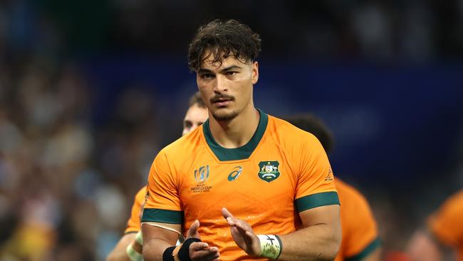 SAINT-ETIENNE, FRANCE - SEPTEMBER 17: Jordan Petaia of Australia looks dejected at full-time following the Rugby World Cup France 2023 match between Australia and Fiji at Stade Geoffroy-Guichard on September 17, 2023 in Saint-Etienne, France. (Photo by Phil Walter/Getty Images)