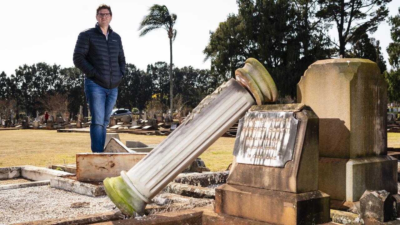 Toowoomba Region Mayor Geoff McDonald surveys the damage to graves at the Drayton Cemetery in August. Picture: Kevin Farmer