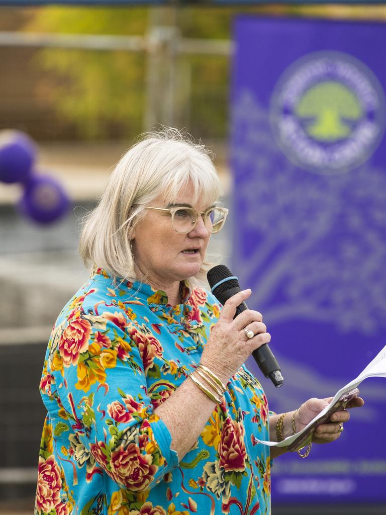Domestic Violence Action Centre Toowoomba service manager Kath Turley speaking as DVAC host Reclaim the Night march in Toowoomba CBD, Friday, October 29, 2021. Picture: Kevin Farmer