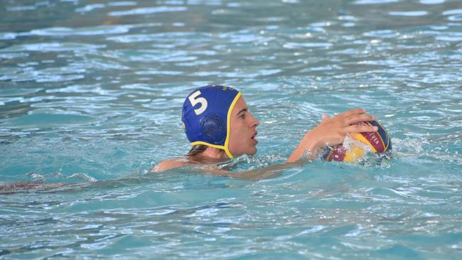 Water Polo Queensland Country Championships, 2nd World War Memorial Aquatic Centre, Rockhampton, February 18, 2023. Men, Mackay versus Sunshine Coast. Sunshine Coast player Matthew Schuil.