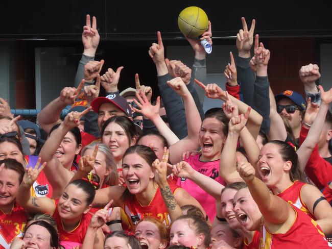 Meander Valley's players celebrate with their fans after the grand final win. Picture: Jon Tuxworth