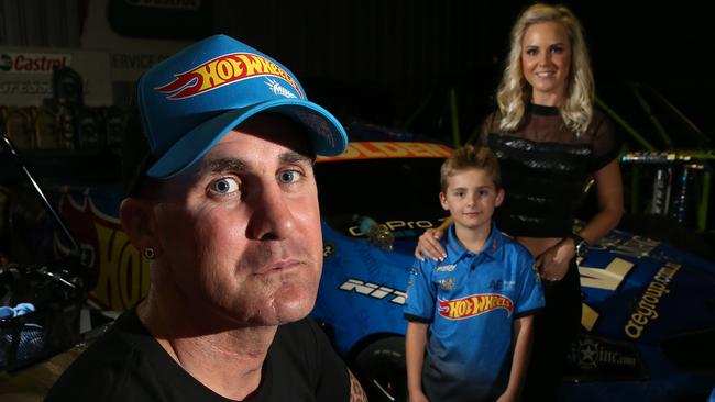 Stuntman Matt Mingay is back in Australia with his wife Sheena Mingay and on Maddox Mingay (9) as he rebuilds his life after horrific supertrucks crash in the US. Picture: Scott Fletcher