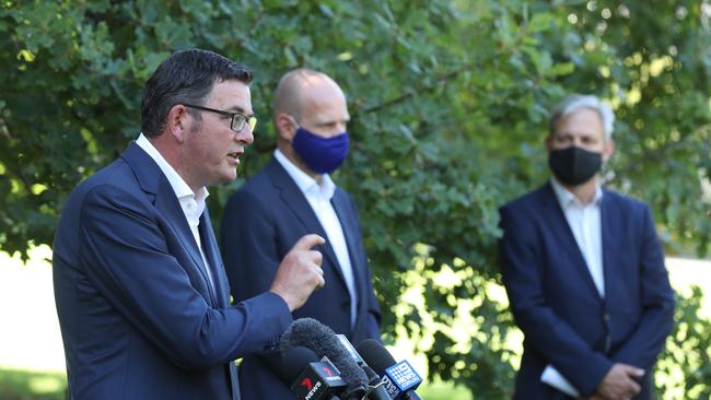 Victorian Premier Daniel Andrews, pictured with contact tracing chief Jeroen Weimar and Chief Health Officer Brett Sutton. Picture: NCA NewsWire / David Crosling