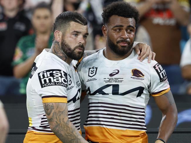 Adam Reynolds concsoles Ezra Mam who is inconsolable after losing the 2023 NRL Grand Final between the Brisbane Broncos and the Penrith Panthers at Accor Stadium, Sydney Olympic Park. Pics Adam Head