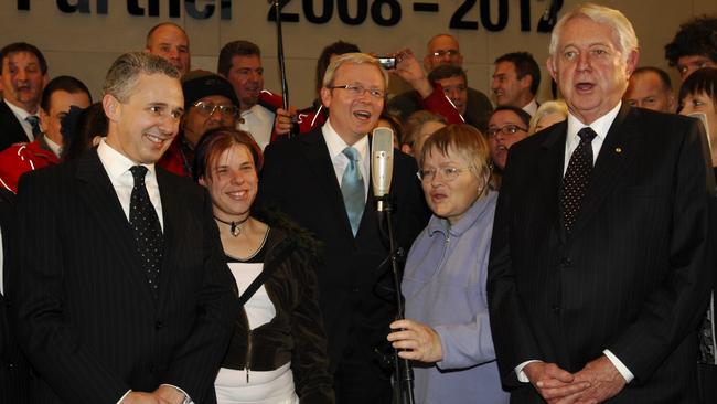 Penn, left, then AXA Asia Pacific Group CEO, with then PM Kevin Rudd and AXA Asia Pacific Group Chairman Rick Allert, right, in 2008. Picture: AAP Image/Julian Smith