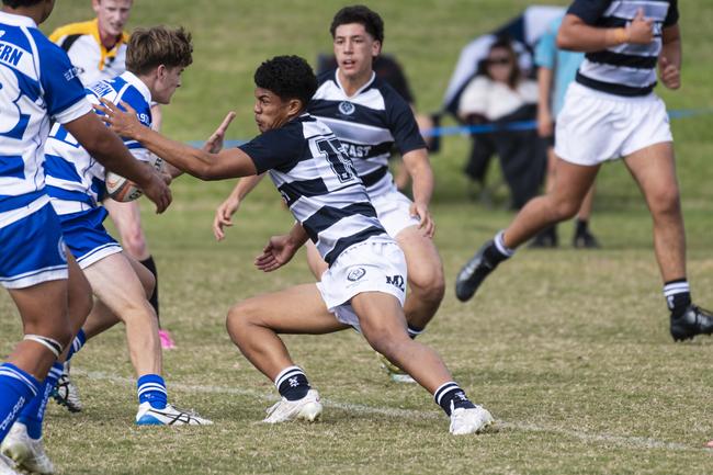 Jeremiah Patea makes a tackle for Met East at last year’s Rugby Union State Championships in Toowoomba. Picture: Kevin Farmer.