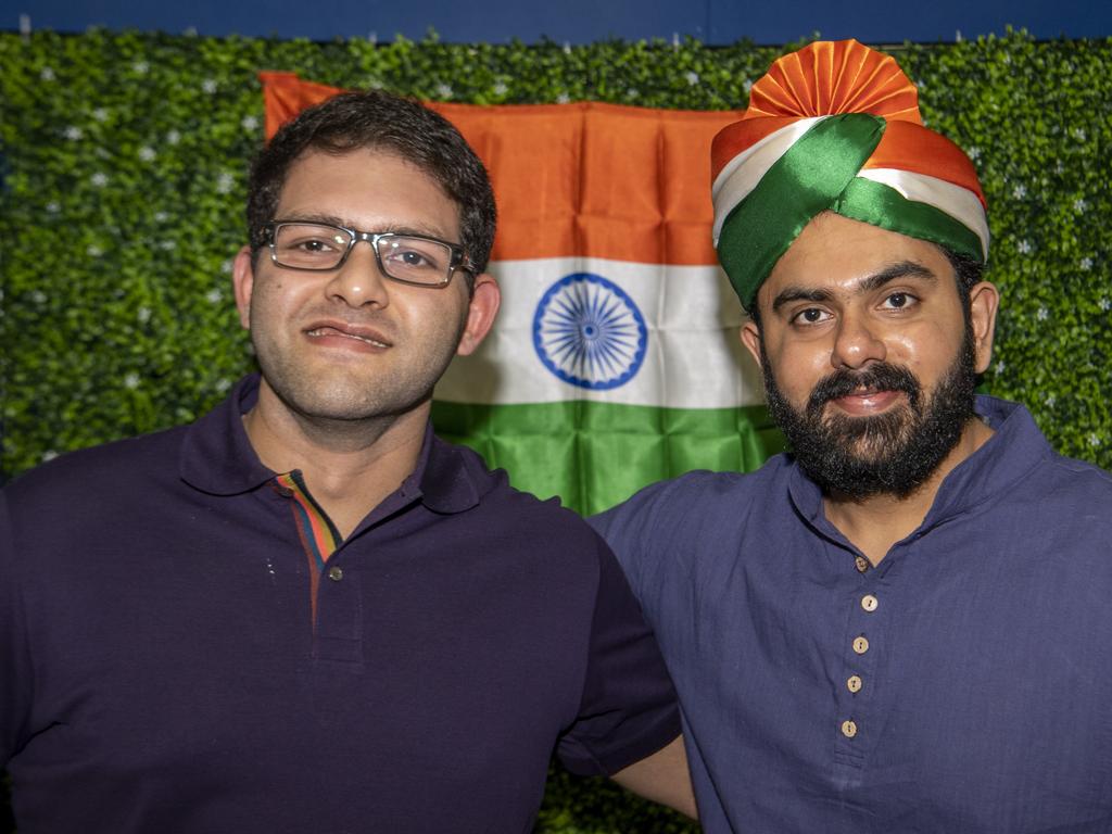 ( From left ) Anish Saha and Mukunda Bulchandani at the Indian Independence Day celebrations. Saturday, August 21, 2021. Picture: Nev Madsen.