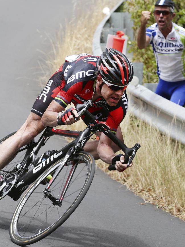 Cadel Evans hurtles down the Corkscrew in the 2014 edition of the Tour Down Under. Picture: Sarah Reed