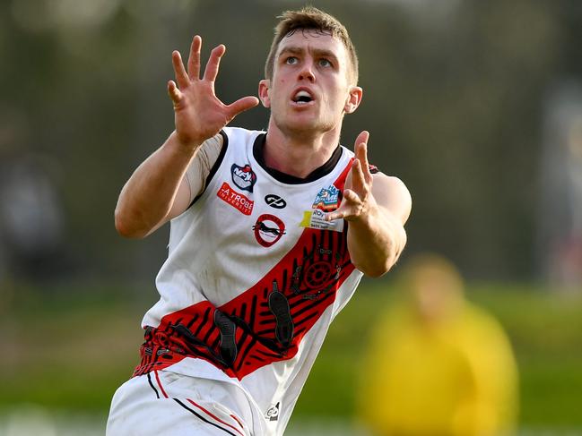 Jameson Wood of Eltham marks during the 2023 round 18 Northern Football Netball League MC Labour Division 2 Seniors match between Northcote Park and Eltham at Bill Lawry Oval in Northcote, Victoria on August 19, 2023. (Photo by Josh Chadwick)
