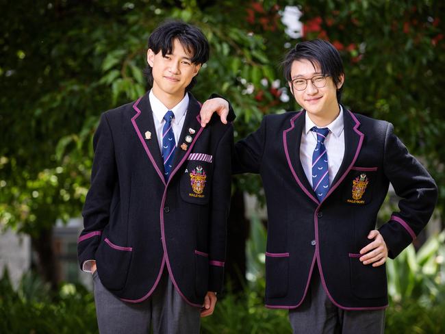 MELBOURNE, DECEMBER 12, 2022: Students at Haileybury that all achieved the highest possible ATAR of 99.95. Twins Kim (L) and Kerry Zhu. Picture: Mark Stewart