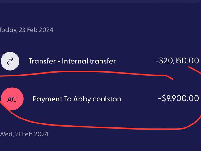 The transfer made to the mystery Abby Coulson - someone she had never heard of. Picture: Supplied