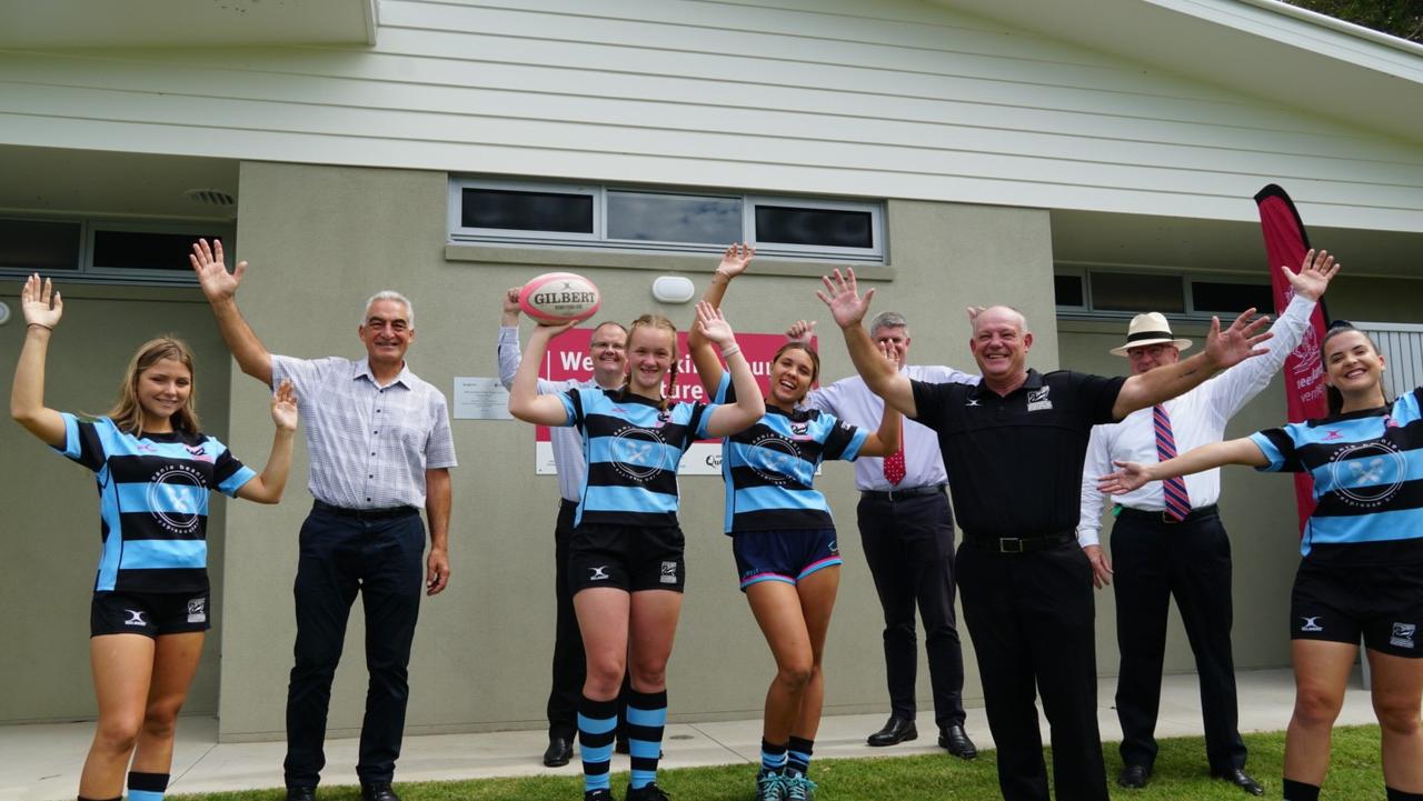 Celebrating the opening of new change rooms at Maroochydore Rugby Union Club are (from left) Ruby McColl-Gardner, Councillor Joe Natoli, Fairfax MP Ted O’Brien, Saxony Walker, Georgia Shuttleworth, Queensland Sport Minister Stirling Hinchliffe, Swans president John Talbot, Sunshine Coast Mayor Mark Jamieson and Leith Miller.