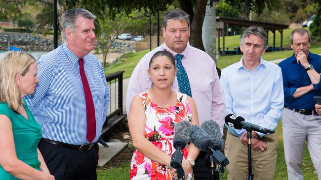 Tourism Whitsundays chief executive Natassia Wheeler with ministers Kate Jones (left) and Mark Furner (second from left) following the shark attacks.