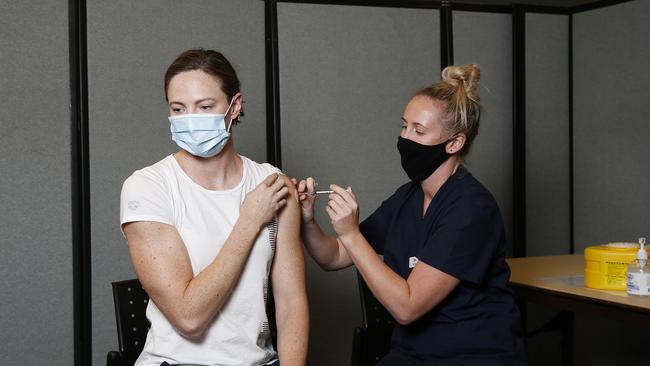 Australia swimmer Cate Campbell receives her Covid-19 vaccination shot. Picture: Josh Woning