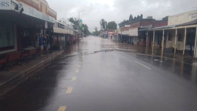 Water in the main street of Laidley on Monday in the wake of ex-Tropical Cyclone Alfred. Picture: Stacy Dennis.