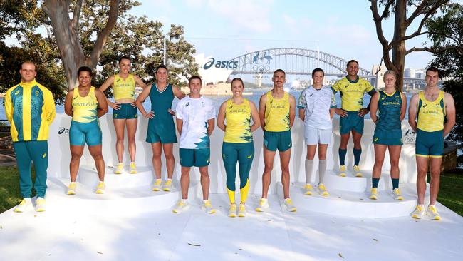 Australian athletes model the various formal and informal uniforms, with state-of-the-art technology incorporated into them, for the nation’s Olympians at this year’s Games in Paris in July. Picture: NCA NewsWire / Damian Shaw