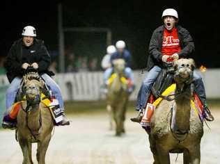 QT general manager Steve Portas wins the first heat of the camel race at the Ipswich Show, closely followed by Daniel Thomas (aka DT) of River 94.9. Picture: David Nielsen & Claudia Baxter