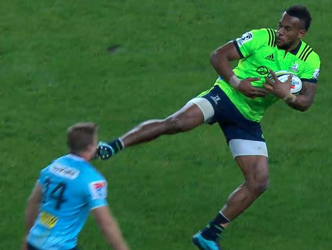 Screen grab of the Highlanders' Tevita Nabura who was sent off for this kick on the Waratahs' Cam Clark