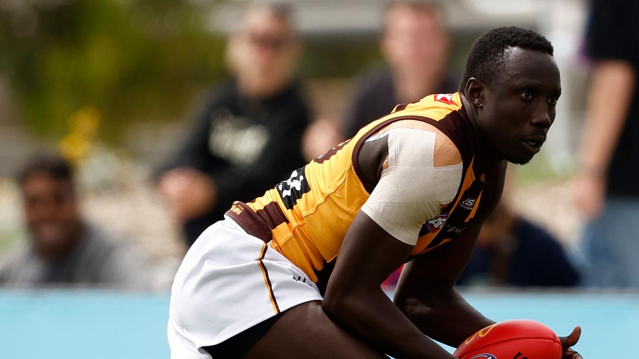 Mabior Chol went off injured during the Hawks vs Western Bulldogs clash, but returned in the third term. Picture: Michael Willson/AFL Photos via Getty Images.