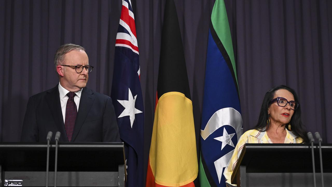 Mr Albanese and Linda Burney at a press conference held after the Voice to parliament was defeated in the referendum. Picture: NCA NewsWire / Martin Ollman