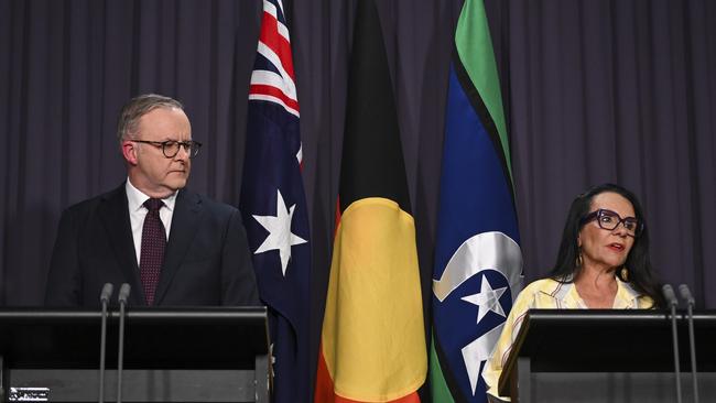 Mr Albanese and Linda Burney at a press conference held after the Voice to parliament was defeated in the referendum. Picture: NCA NewsWire / Martin Ollman