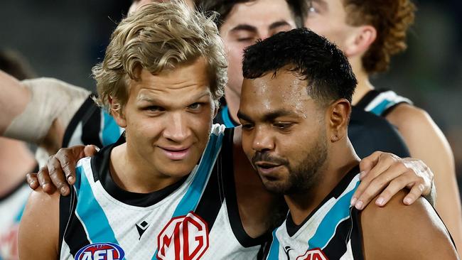 MELBOURNE, AUSTRALIA - JULY 26: Quinton Narkle (left) and Willie Rioli of the Power celebrate during the 2024 AFL Round 20 match between the Carlton Blues and the Port Adelaide Power at Marvel Stadium on July 26, 2024 in Melbourne, Australia. (Photo by Michael Willson/AFL Photos via Getty Images)