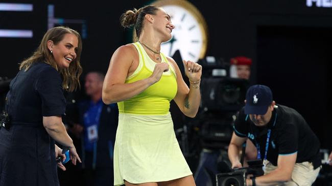 Aryna Sabalenka dances as she celebrates beating Sloane Stephens Picture: AFP