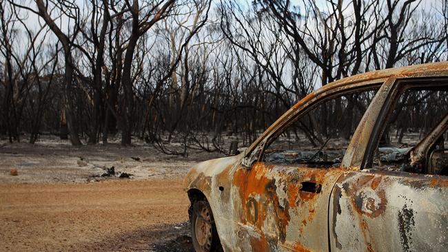 A burnt out car in the Kangaroo Island Wilderness Retreat at the edge of Flinders Chase National Park on January 12, 2020, after fires tore through the area. PICTURE: Lisa Maree Williams/Getty Images