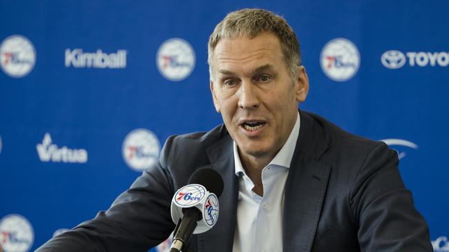 Philadelphia 76ers President of Basketball Operations Bryan Colangelo speaks with members of the media during a news conference at the NBA basketball team's practice facility in Camden, N.J., Friday, May 11, 2018. (AP Photo/Matt Rourke)