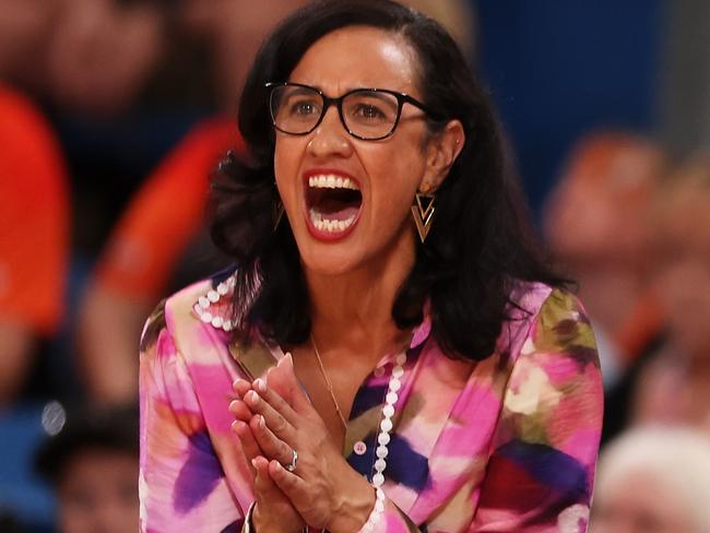 SYDNEY, AUSTRALIA - APRIL 06:  Firebirds head coach Kiri Wills calls instructions from the bench during the round one Super Netball match between Giants Netball and Queensland Firebirds at Ken Rosewall Arena, on April 06, 2025, in Sydney, Australia. (Photo by Mark Kolbe Photography/Getty Images)