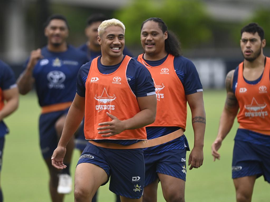 Murray Taulagi of the Cowboys warms up during a North Queensland Cowboys NRL training session. Picture: Ian Hitchcock/Getty Images