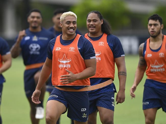 Murray Taulagi of the Cowboys warms up during a North Queensland Cowboys NRL training session. Picture: Ian Hitchcock/Getty Images