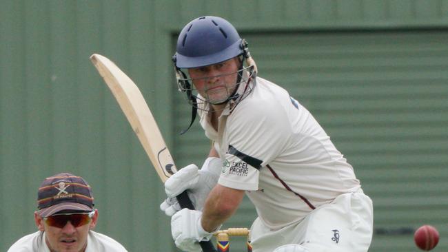 MPCA cricket: Old Peninsula v Red Hill @ Peninsula Grammar,  Mount Eliza. OP wicket keeper James La Brooy and Red Hill batter Simon Dart. Picture: Valeriu Campan