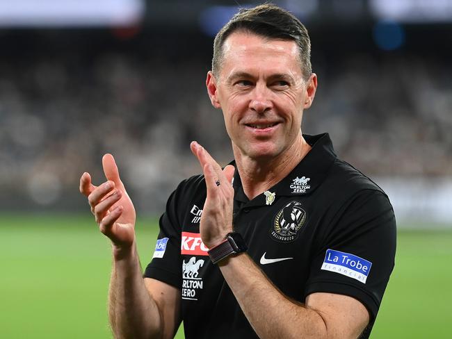 MELBOURNE, AUSTRALIA - APRIL 25: Magpies head coach Craig McRae celebrates winning the round six AFL match between Collingwood Magpies and Essendon Bombers at Melbourne Cricket Ground, on April 25, 2023, in Melbourne, Australia. (Photo by Quinn Rooney/Getty Images)